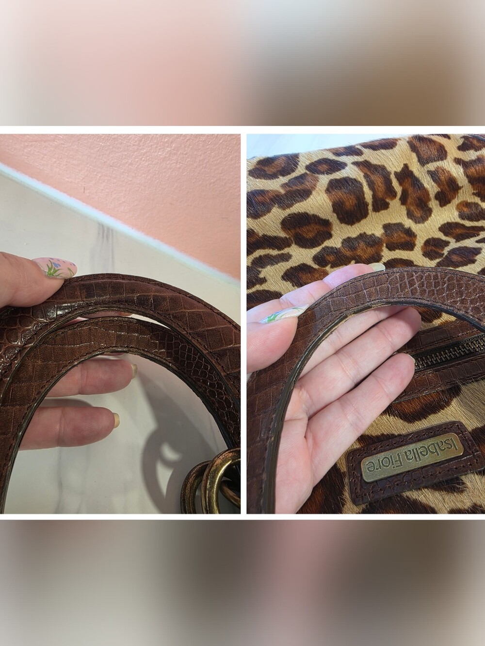 Isabella Fiore Brown Leopard Cowhide Fur Top-Handle Tote Luxury Animal Print Bag - Picture 15 of 16